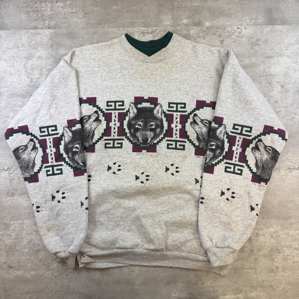 Vintage 1993 Art Unlimited Wolf Sweatshirt B Dalpiaz Southwestern Grey Mens M